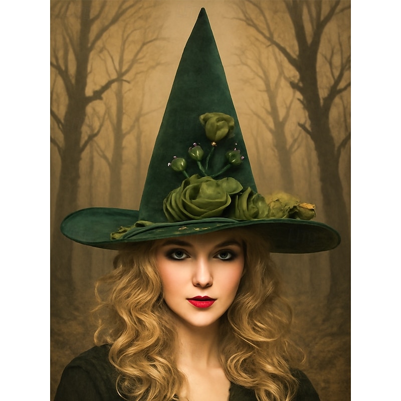 Women's Green Velvet Witch Hat with Satin Roses and Ivy – Elegant Halloween Costume Hat for Parties and Themed Events