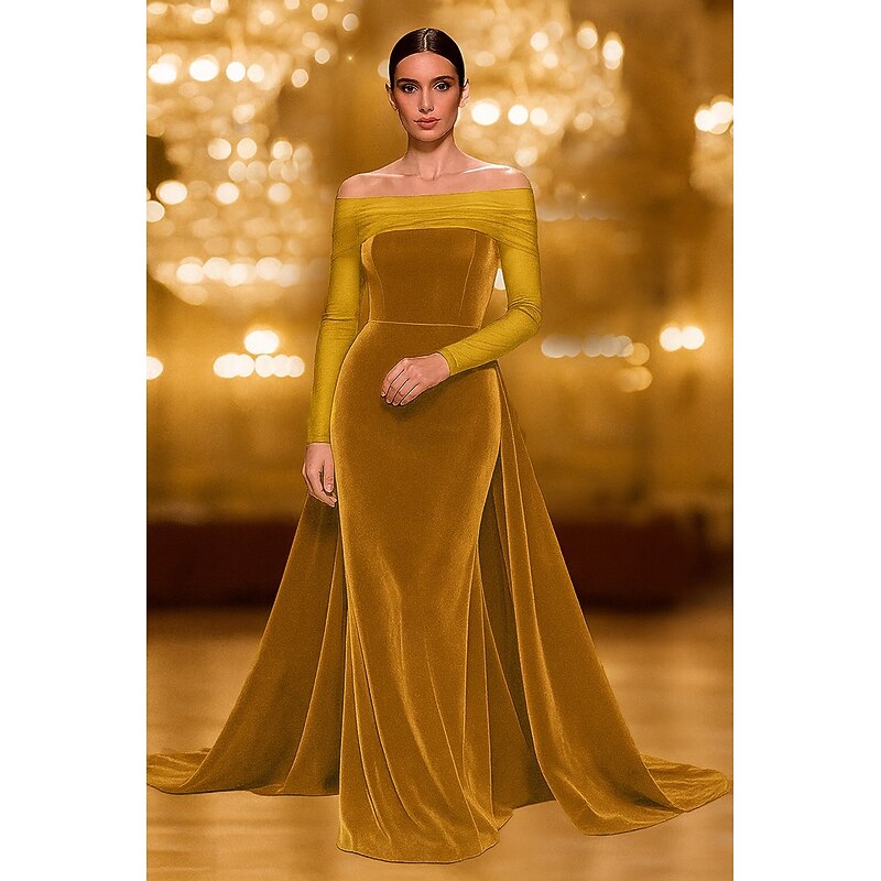 Black Velvet Mermaid / Trumpet Stretch Velvet Evening Gown with Overskirt Elegant Dress Formal Wedding Sweep / Brush Train Sleeveless Off Shoulder Tulle 20252