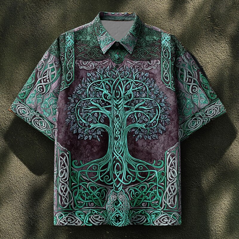 Men's Celtics Tree Of Life Shirt Summer Shirt Button Up Shirt Short Sleeve Vintage Retro Dailywear Holiday Summer Spring Turndown 3D Print Collared Shirts Front One Pocket Blue green Blue Brown Green3