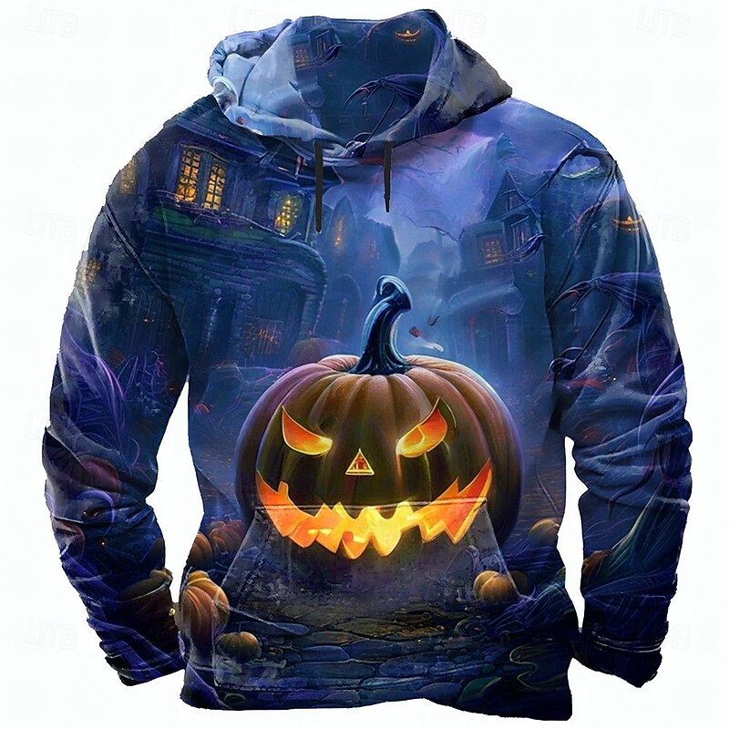 Halloween Men's Pumpkin 3D Hoodie Sweatshirt Punk Exaggerated Long Sleeve Crew Neck Club Streetwear Rust Red Blue Drawstring Fall Winter Designer2