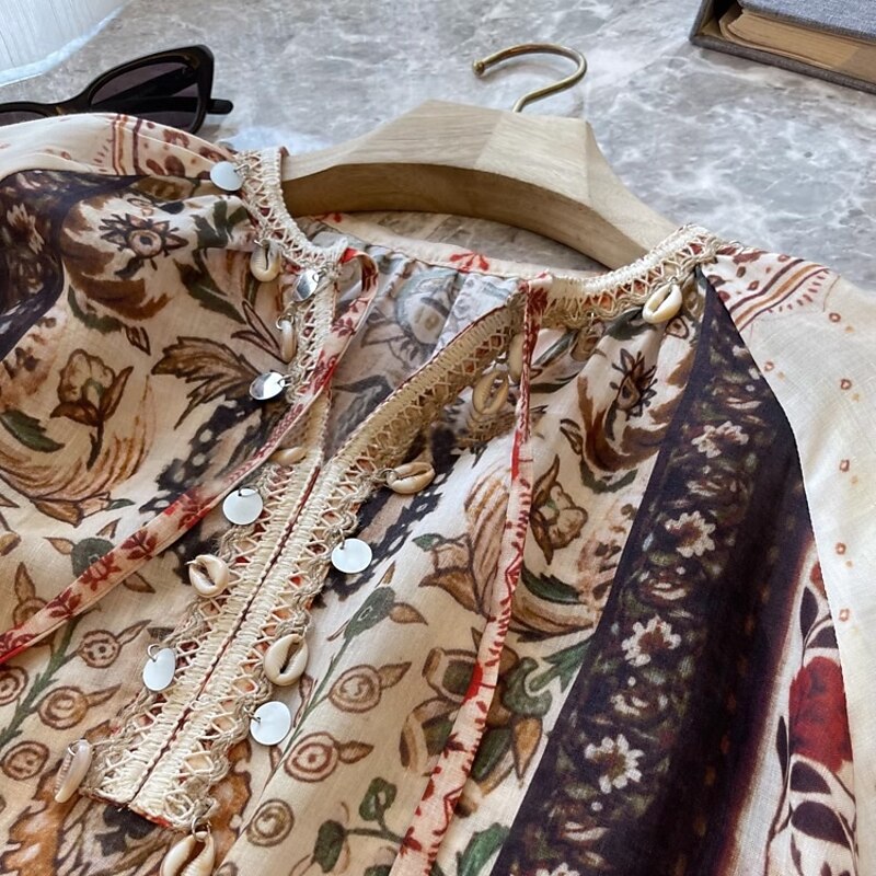Women's Linen Cotton Boho Shirt Floral Seashell Paisley Abstract Vintage Stylish Ethnic 3/4 Length Sleeve Lantern Sleeve V Neck Regular Tops Daily Holiday Going out Tie Front Brown Summer Spring Fall3