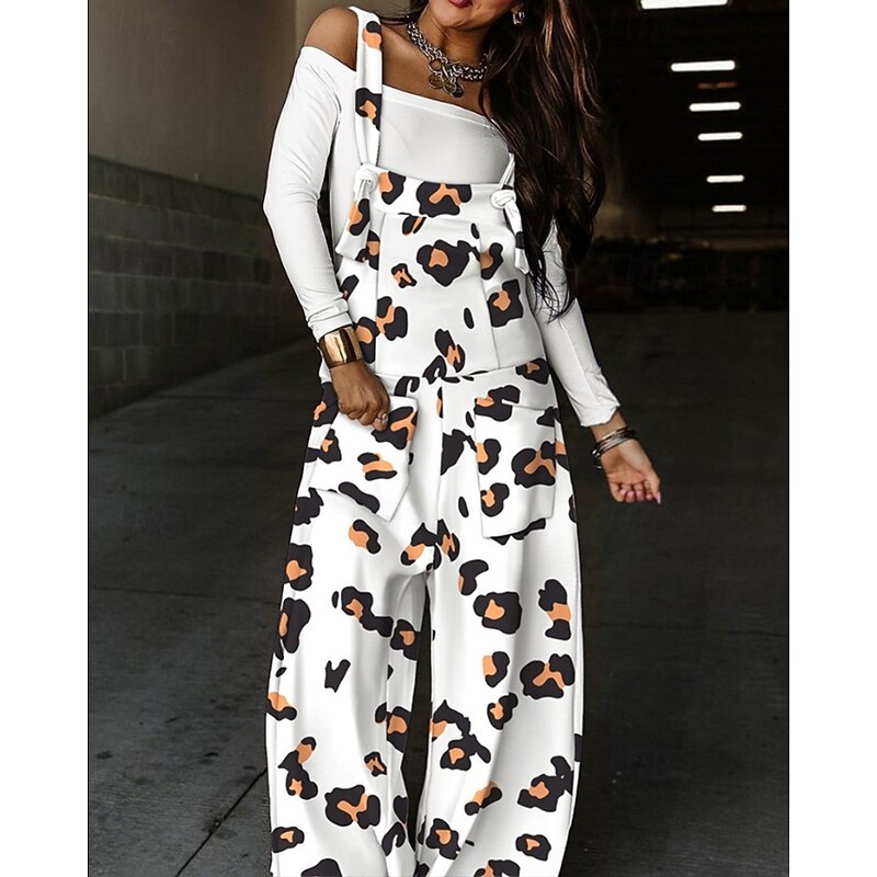 Women's Normal Overall Streetwear Leopard Sleeveless U Neck Pocket Print Street Going out Regular Fit White Pink Blue Fall4