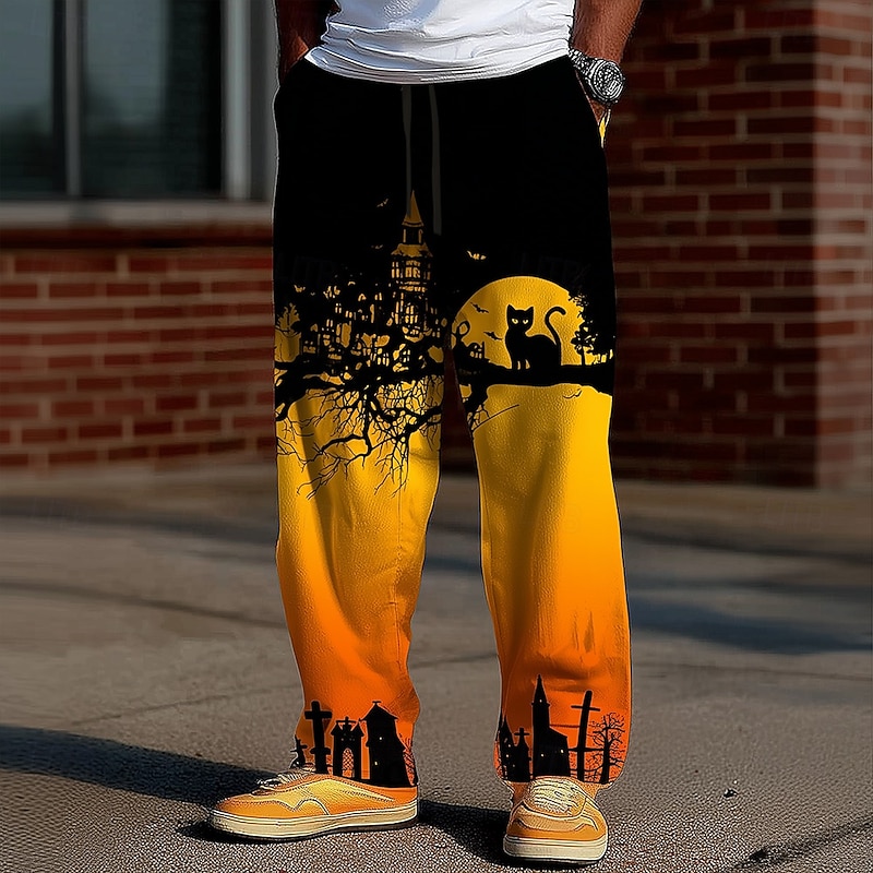 Halloween Men's Spooky Moon Haunted House Halloween Costumes Trousers Baggy Pants Casual Pants Mid Waist Dark Punk Gothic Style Holiday Elastic Drawstring Waist Linen-Like Pants with Pockets Spring
