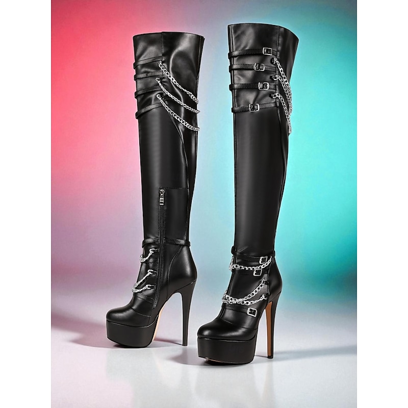 Women's Black Faux Leather Over-the-Knee Platform Boots with Chains and Buckles – Sexy Punk Style Stiletto Heel Boots for Stage Performance, Night Out, and Daily Edgy Fashion2