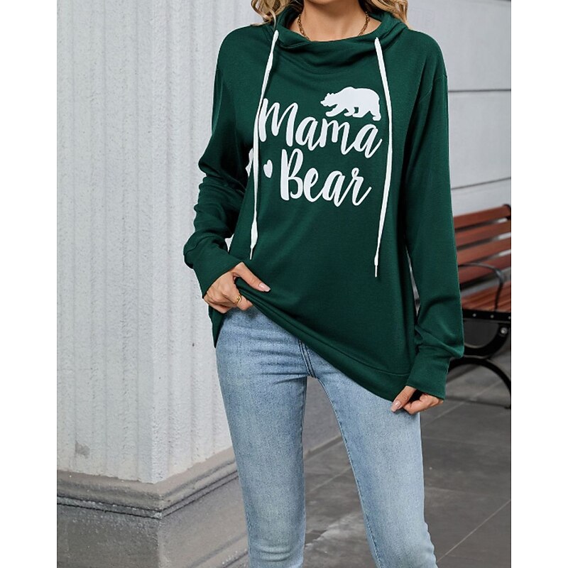 Women's Pullover Hoodie Sweatshirt Letter Streetwear Casual Long Sleeve Hooded Regular Tops Holiday Going out Print Black Wine Navy Blue Blue Dark Green Fall Winter3