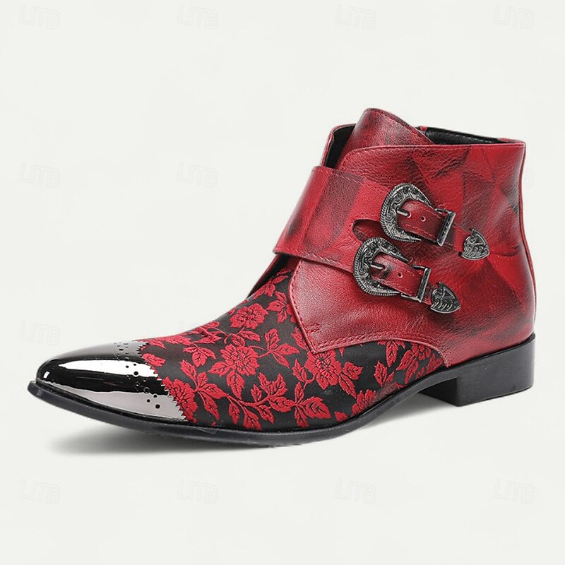 Men's Red Jacquard Double Monk Strap Boots – Gothic Baroque Style Leather Boots for Cosplay, Costume Parties and Nightlife Events3