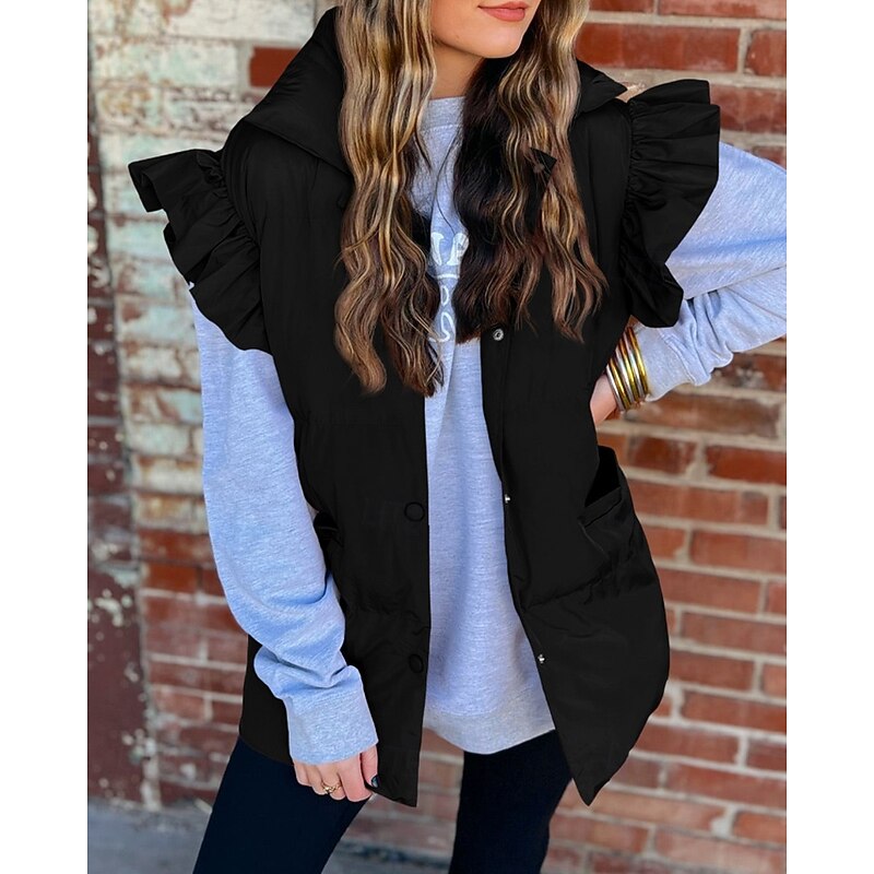 Women's Vest Warm Comfortable Pocket Buttons Casual Plain Street Holiday Single Breasted Regular Stand Collar Regular Fit Long Sleeve Outerwear Black Khaki Army Green Fall Winter3