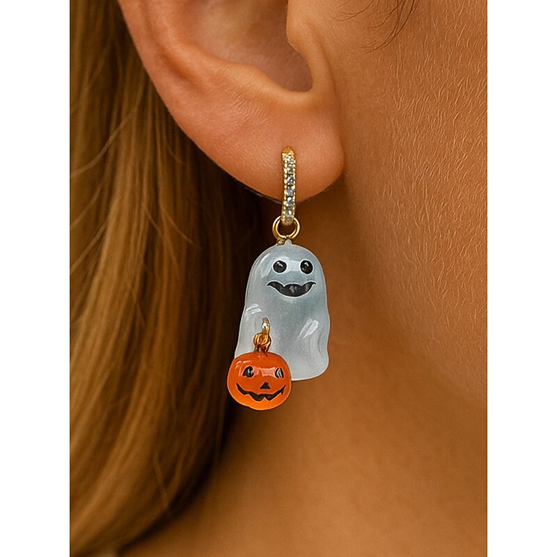 Women's Halloween Ghost and Pumpkin Earrings – Cute Dangle Drop Jewelry with Crystal Accents for Costume Party, Cosplay and Festive Outfits