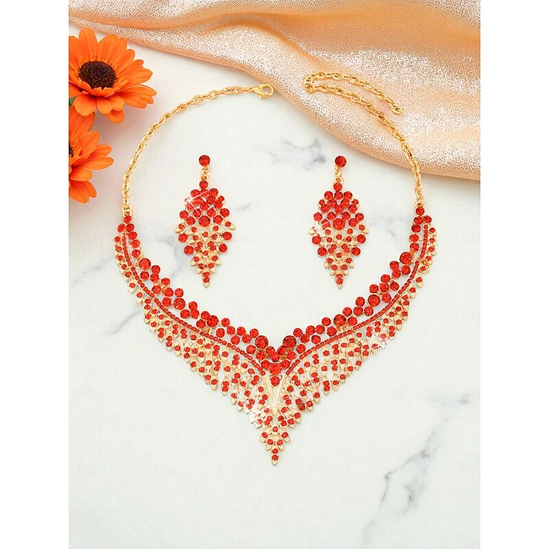 Women's Gold-Tone Necklace and Earring Set with Red Crystal Accents - Glamorous Party Jewelry4