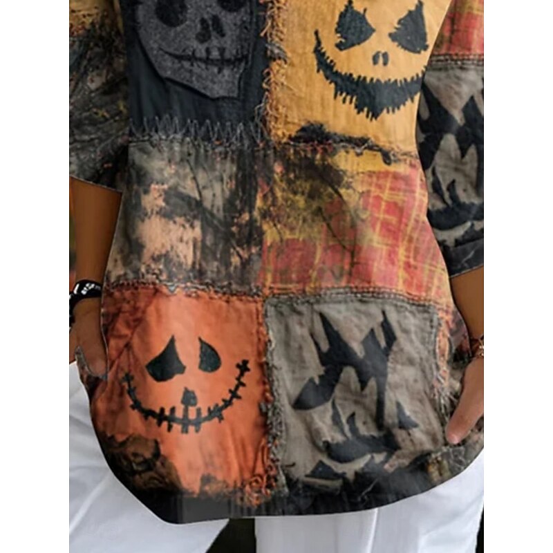 Halloween Women's Blouse Skull Daily Casual 3/4 Length Sleeve V Neck Regular Tops Daily Holiday Print Khaki Summer Spring Fall3