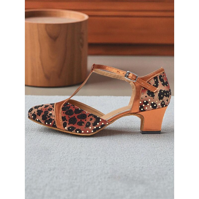 Women's Leopard Print Satin T-Strap Dance Shoes with Low Heel - Professional Ballroom and Latin Performance Footwear4