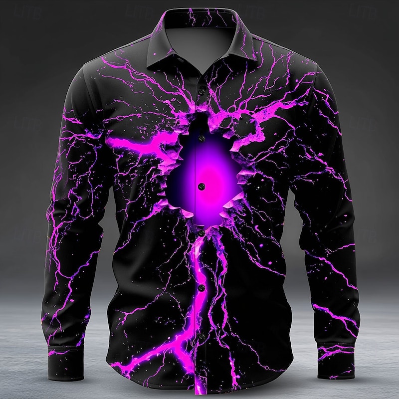 Halloween Men's Optical Illusion Lightning Shirt Button Up Shirt Long Sleeve Dark Punk Gothic Style Outdoor Holiday Summer Spring Turndown 3D Print Collared Shirts Red Blue Purple Orange Green3