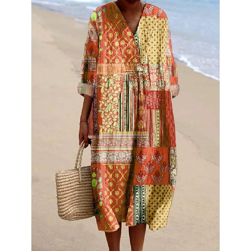 Women's Midi Dress Casual Dress Sundress A Line Dress Vacation Casual Boho Party Holiday Beach Loose Fit Floral Graphic Paisley Long Sleeve V Neck Magenta Blue Orange Spring Fall4