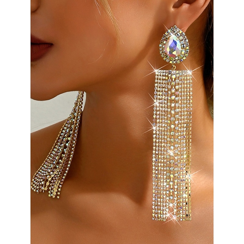 Women's Crystal Rhinestone Tassel Earrings, Long Dangle Statement Jewelry for Nightlife Party and Club Outfits