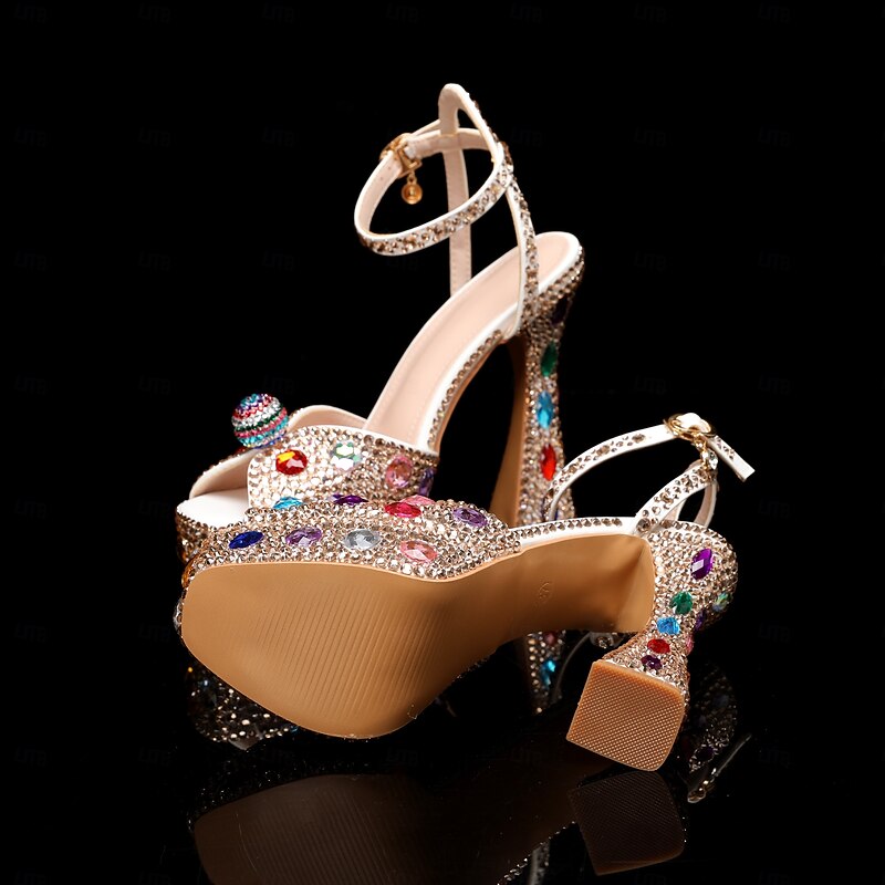 Women's Colorful Rhinestone Platform Sandals – Sparkly Crystal Embellished Ankle Strap Chunky High Heel Shoes for Wedding, Prom, and Party Events4