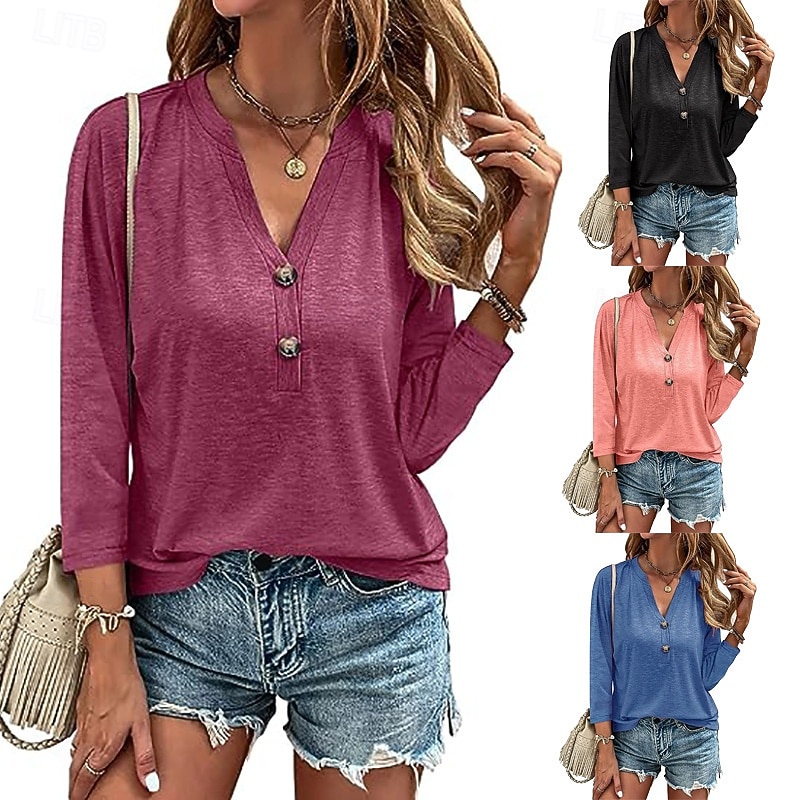 Women's Blouse Solid Color Vintage Daily Casual 3/4 Length Sleeve V Neck Regular Tops Work Daily Club Uniforms Buttons claret Black Pink Blue Summer Spring Fall Winter