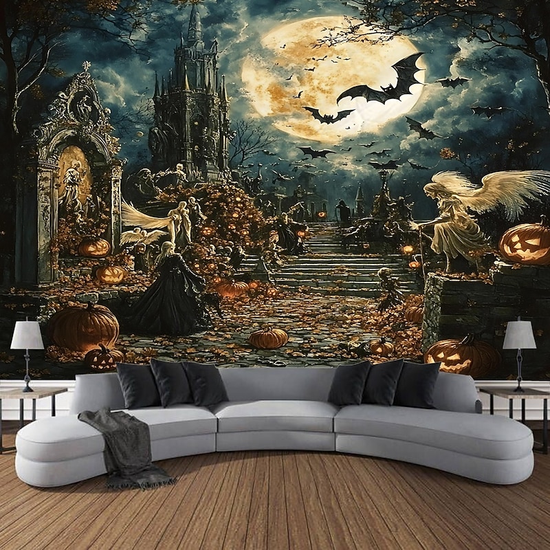 Halloween Backdrop Tapestry, Night Ghost Castle Pumpkin Witch Skeleton Wall Hanging, Large Decorative Mural for Bedroom, Living Room, Party, and Home Decoration2