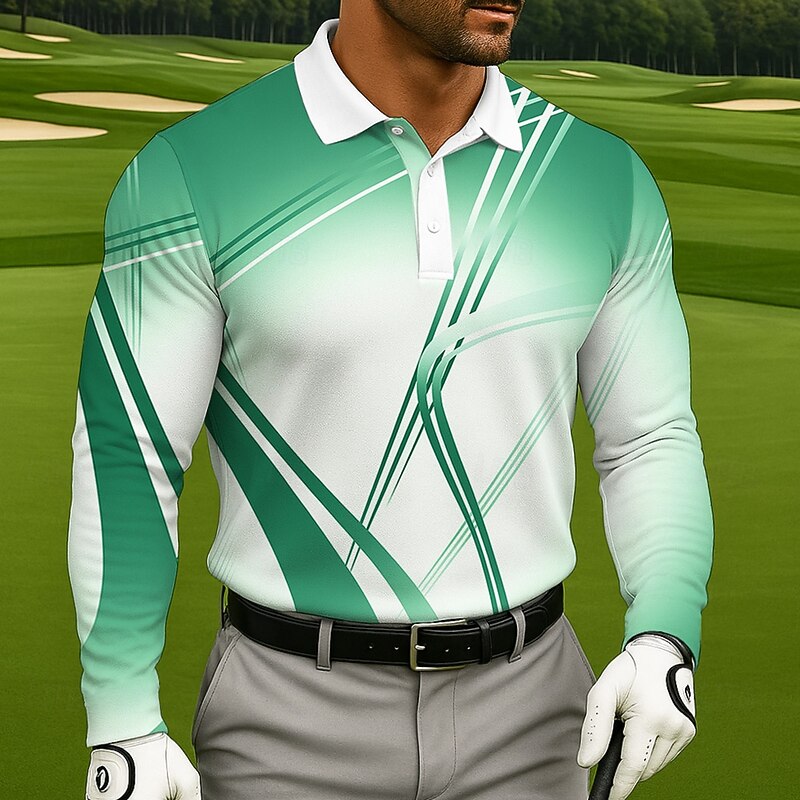 Men's Geometic Golf Polo Long Sleeve Polo Shirts Lapel Casual Athleisure Daily Wear 3D Print Buttons Spring Fall Winter Blue Purple Green2