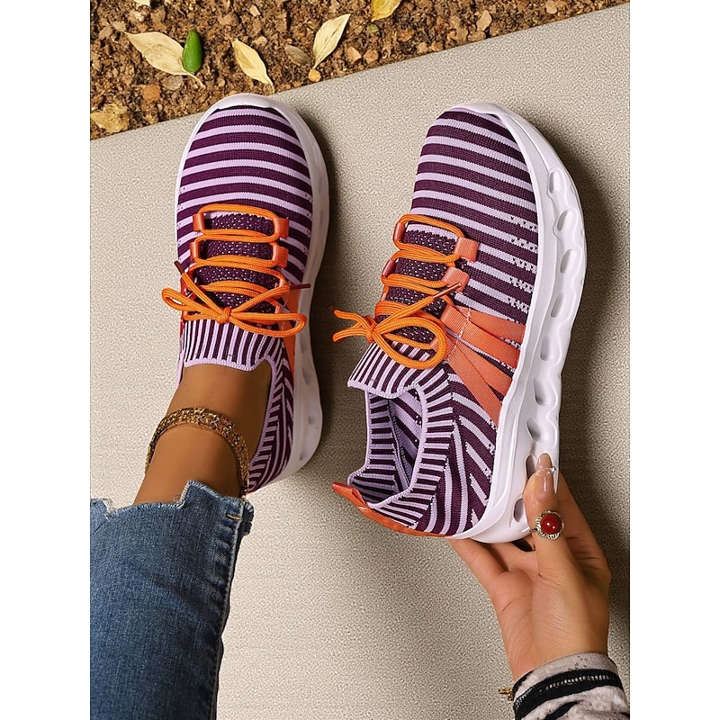 Women's Purple Striped Lace-Up Sneakers – Comfortable Flyknit Running Shoes with Cushion Sole for Gym, Jogging, Halloween and Outdoor Sports2