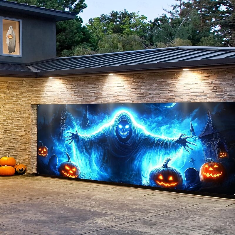 Halloween Garage Door Cover Large Hanging Backdrop Pumpkin Ghost Dark Punk Gothic Style Party Outdoor Shooting Backgrounds Yard Haunted House Home Decor4