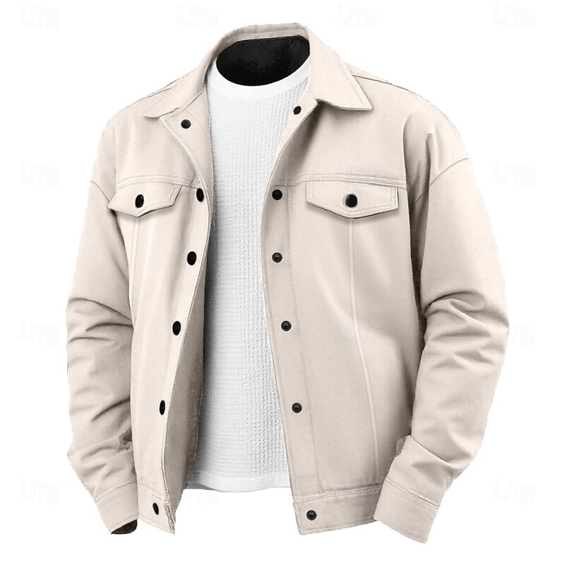 Men's Lightweight Jacket Shirt Jacket Formal Home Portable Button Front Spring Fall Winter Solid Color Active Vintage Turndown Regular Black White Brown Light Grey Jacket3