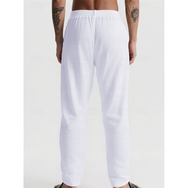 Men's Linen Pants Trousers Summer Pants Beach Pants Drawstring Pocket Elastic Waist Plain Comfort Breathable Vacation Daily Holiday Hawaiian Boho Dark Khaki Black4