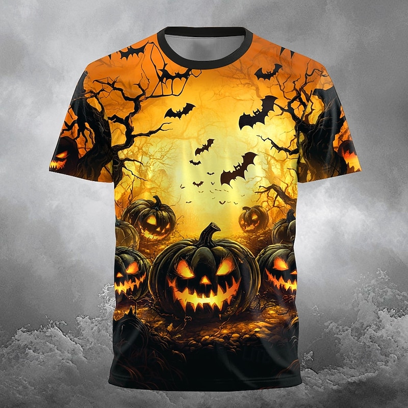 Halloween Men's Optical Illusion Pumpkin 3D T Shirt Short Sleeve T shirt 3D Print Crew Neck Shirt Exaggerated Designer Horror Party Street Holiday Orange 3 Orange Orange 2 Summer Spring All Seasons