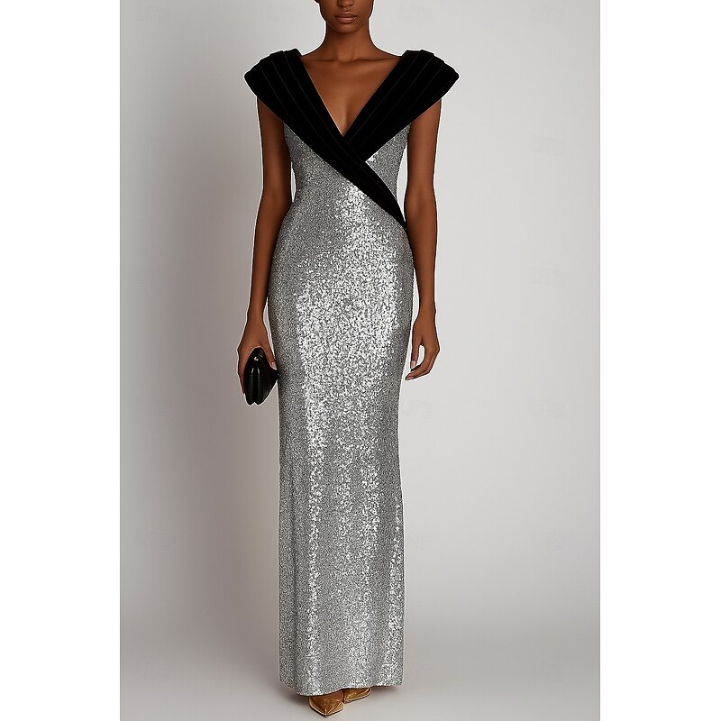 Gold Sequined Column Evening Gown Elegant Dress Formal Wedding Floor Length Short Sleeve Off Shoulder with Glitter Sequin 20254
