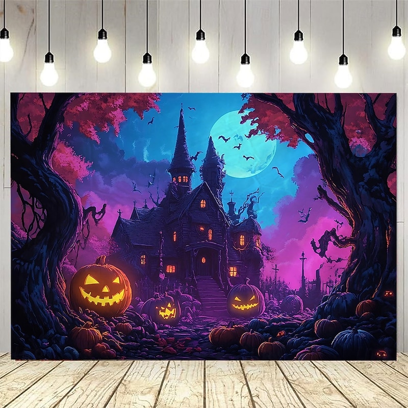 Halloween Photograph Backdrop Tapestry, Pumpkin Lantern, Bat, Full Moon, and Haunted House Pattern Wall Hanging, Large Decorative Mural for Bedroom, Living Room, Party, and Home Decoration3