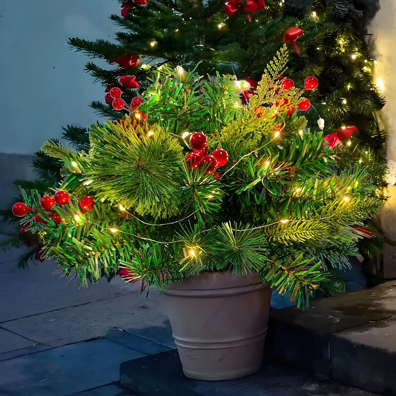 Christmas Outdoor Artificial Plant Picks, LED Lighted Pine Needle and Red Berry Stakes, Garden Yard Festive Holiday Decorations, Outdoor Artificial Christmas Tree Accessories3