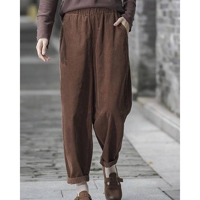 Women's Slacks Straight Streetwear Casual Full Length Natural Plain Pocket Elastic Waist Soft Holiday Daily Wear Weekend Khaki Dark Blue Beige Coffee Fall Regular Fit4