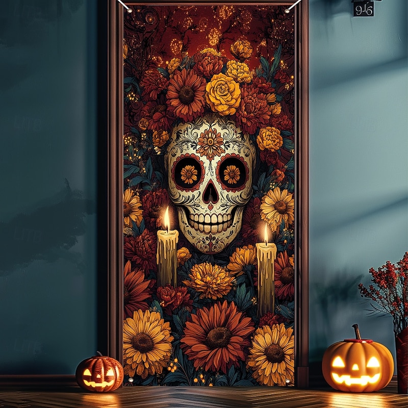 Day of the Dead Banners Door Cover Outdoor Banners Skeleton Marigold Psychedelic Dark Punk Gothic Style Party Outdoor Shooting Backgrounds Front Door Wall Porch Home Decor2