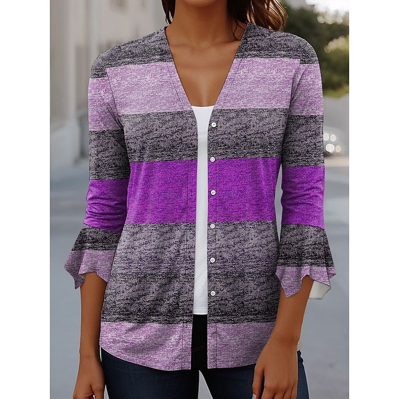 Women's T Shirt Graphic Geometric Elegant Vintage Stylish 3/4 Length Sleeve V Neck Regular Tops Daily Going out Ruffle Buttons Blue Purple Brown Green Summer Spring Fall3
