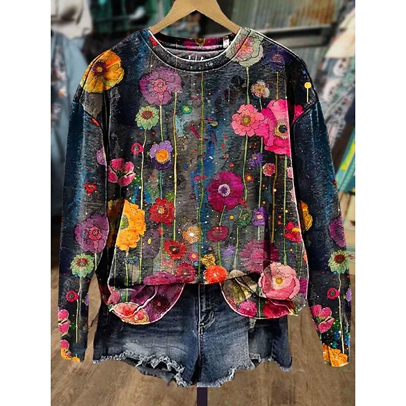 Women's Pullover Floral Graphic Warm Classic Casual Long Sleeve Crew Neck Round Neck Regular Tops Home Street Dailywear Print Red Purple Orange Spring Fall Winter2
