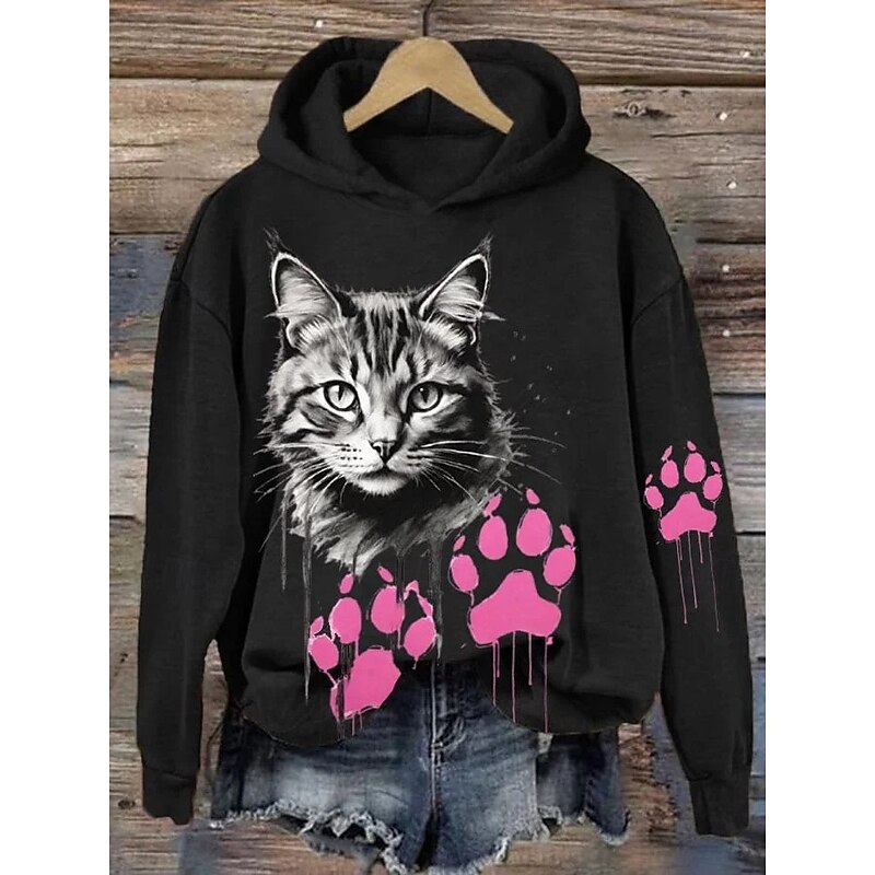 Women's Pullover Hoodie Sweatshirt Graphic Cat Elegant Warm Active Long Sleeve Hooded Regular Tops Street Dailywear Casual Print Black White Pink Blue Green Spring Fall Winter