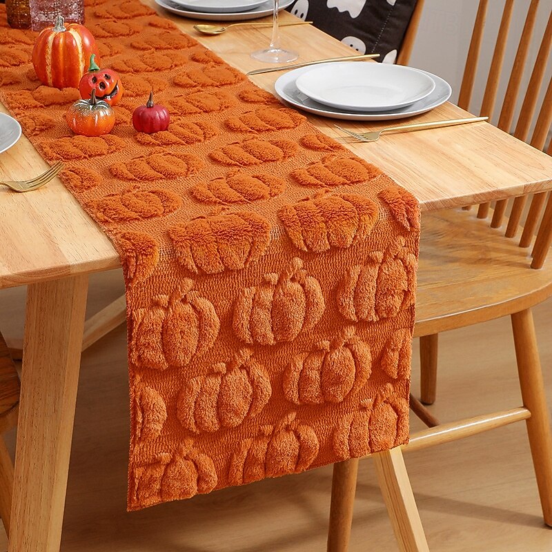 Halloween Table Runner Table Flag - 3D Quilted Pumpkin Embroidery Table Runner, Premium Dining Decor for Parties & Mall Displays