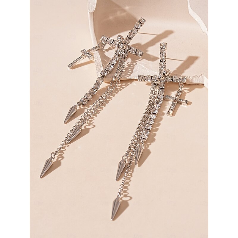 Women's Rhinestone Cross Dangle Earrings - Gothic Punk Long Chain Spike Drop Earrings for Party, Nightclub and Concert Outfits4