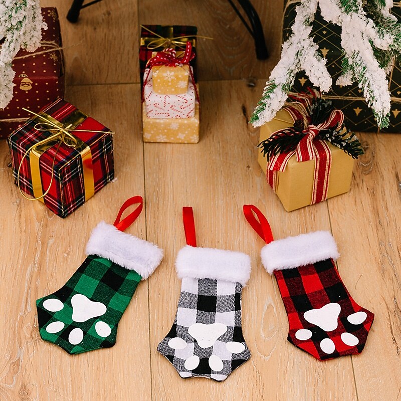 3pcs Christmas Stockings with Cat Paw Design, Small Plaid Christmas Socks, Holiday Decorative Gift Stockings, Xmas Tree Hanging Ornaments3