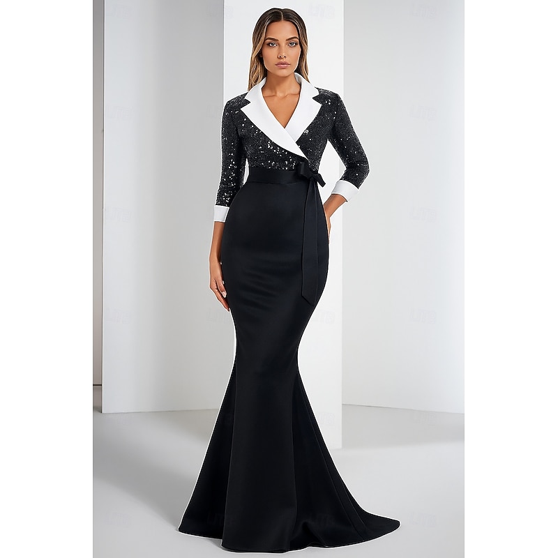 Tuxedo Dress Mermaid / Trumpet Mermaid Formal Wedding Wedding Guest Satin Sequin Elegant Long Sleeve Floor Length Notched Lapels