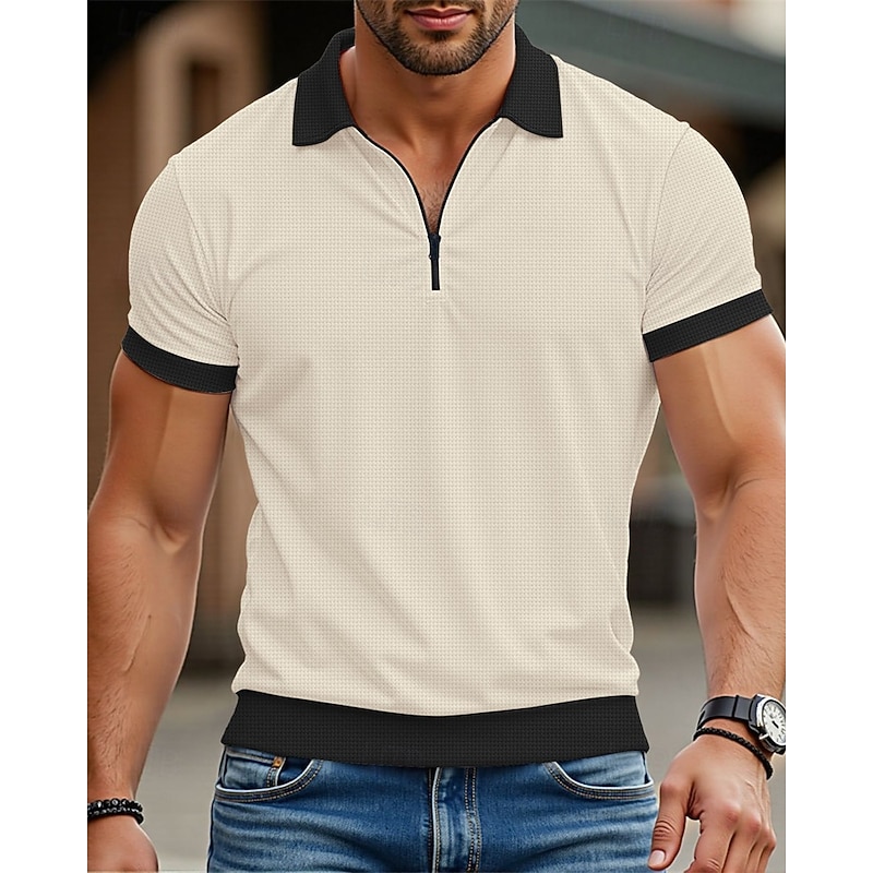 Men's Polo Shirts Quarter Zip Polo Daily Wear Date Quarter Zip Short Sleeve Fashion Basic Color Block Patchwork Zipper Summer Regular Fit Black White Royal Blue Khaki Gray Polo Shirts2