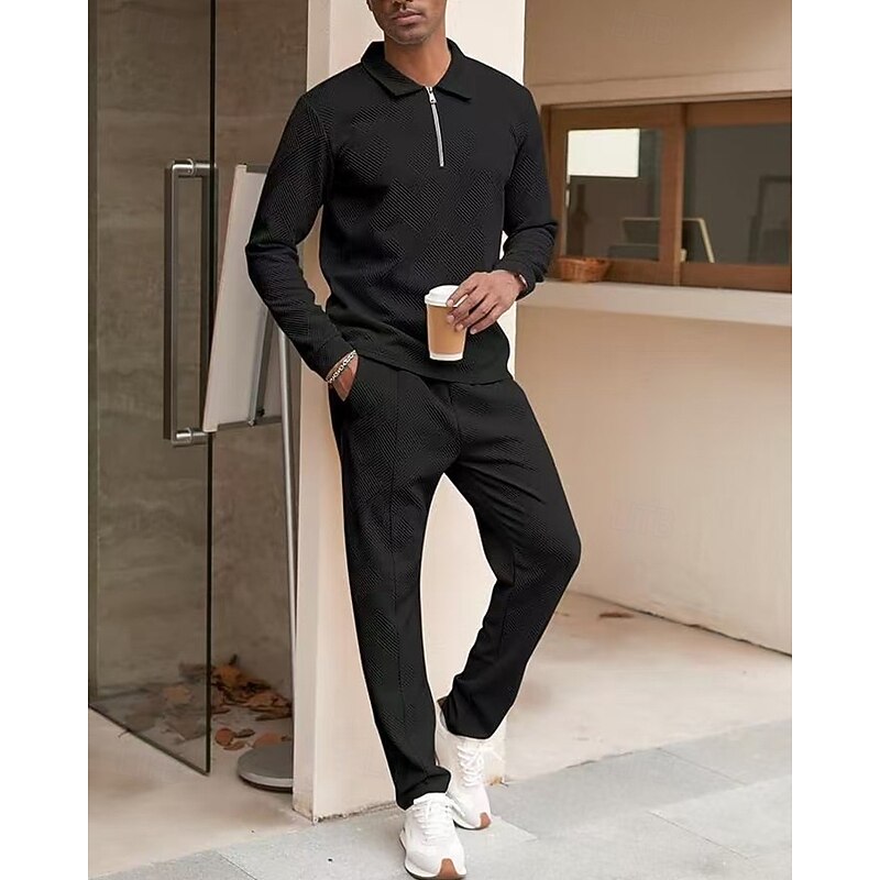 Men's Polo Shirts Quarter Zip Polo Daily Wear Date Quarter Zip Long Sleeve Fashion Basic Plain Jacquard Zipper Spring Fall Regular Fit Black White Dark Green Light Grey Beige Coffee Polo Shirts4