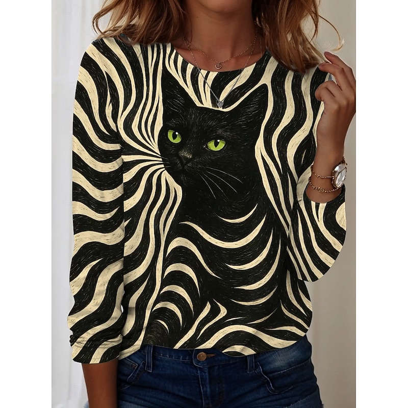 Women's T shirt Long Sleeve Crew Neck Long Sleeve Tunic Graphic Animal Vintage Stylish Modern Round Neck Regular Tops Daily Print White / Black Black and gray Black Fuchsia Orange Fall Prefall3