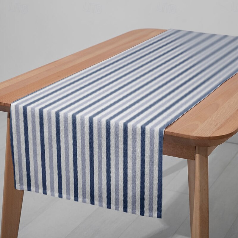 1PC Blue & White Striped Table Runner Table Flag - Digital Printed Rectangular Tablecloth for Restaurant, Banquet, Nautical Party Decoration (33x180cm/13x70.5in)