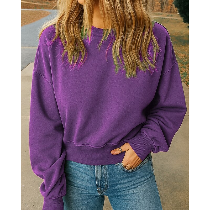 Women's Pullover Sweatshirt Plain Casual Long Sleeve Round Neck Regular Tops Street Holiday Going out Navy Blue Purple Brown Green Dark Gray Fall4