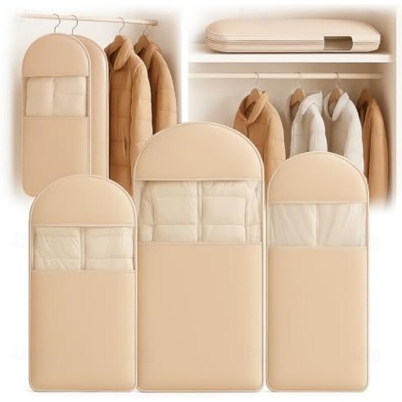 3Pcs Space Saving Hanging Garment Bag Set with Self Compression Zipper Dust Cover for Coats Down Jackets Closet Clothes Organizer with Clear Window