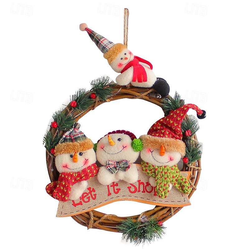 Christmas Snowman and Santa Rattan Wreath Door Hanging Doll Festive Holiday Garland Decoration Perfect for Window Display Seasonal Home Party Ornament3