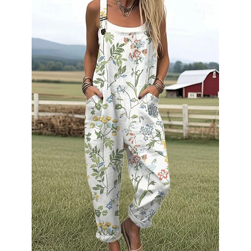 Women's Dungarees Active Floral Sleeveless Harem Drawstring with Pocket Vacation Street Loose Fit Black White Blue Summer2