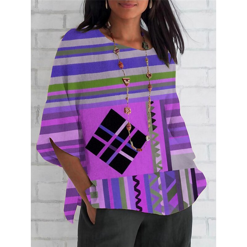 Women's Shirt Geometric Striped Retro Vintage Ethnic 3/4 Length Sleeve Crew Neck Regular Tops Daily Holiday Print Yellow Blue Purple Fuchsia Summer Spring Fall3