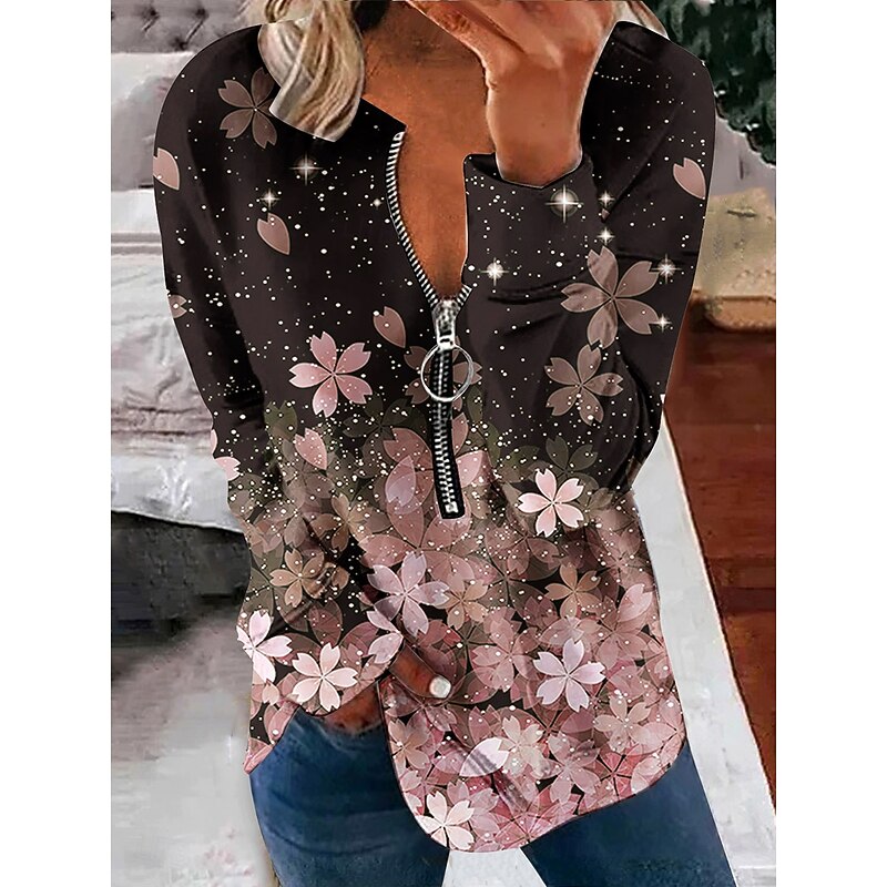 Women's Pullover Sweatshirt Zip Up Sweatshirts Floral Graphic Fashion Casual Long Sleeve Crew Neck Regular Tops Street Dailywear Zipper Print Pink Fall Winter