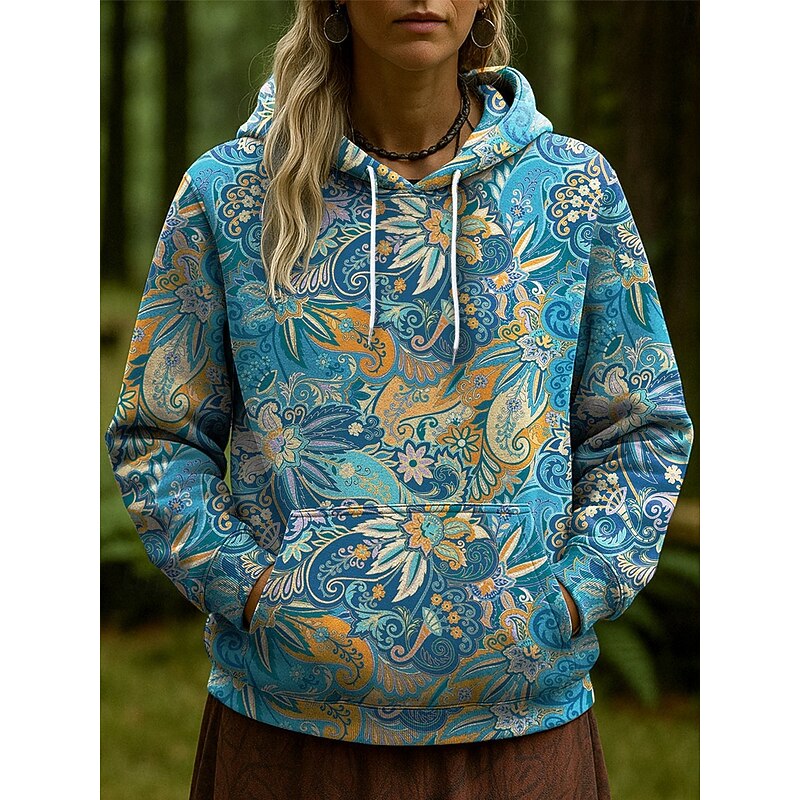 Women's Pullover Hoodie Sweatshirt Floral Graphic Paisley Casual Long Sleeve Hooded Regular Tops Party Evening Wear Street Dailywear Pink Blue Orange Green Spring Fall Winter